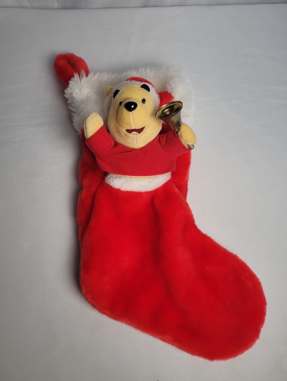 Disney Winnie The Pooh Gemmy 3D Head Christmas Stocking W/ Bell Santa Hat 17"